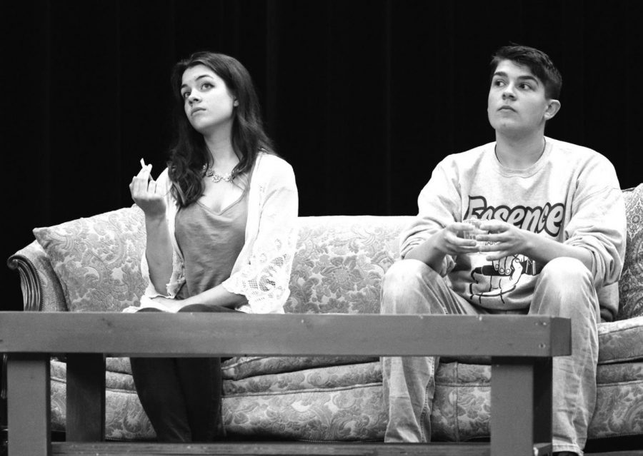 McKenzie Frost (Kay Strange) and Aiden Cordon (Ted Latimer) sit together eaves-dropping on a conversation occurring stage left at rehearsal on Oct. 2.