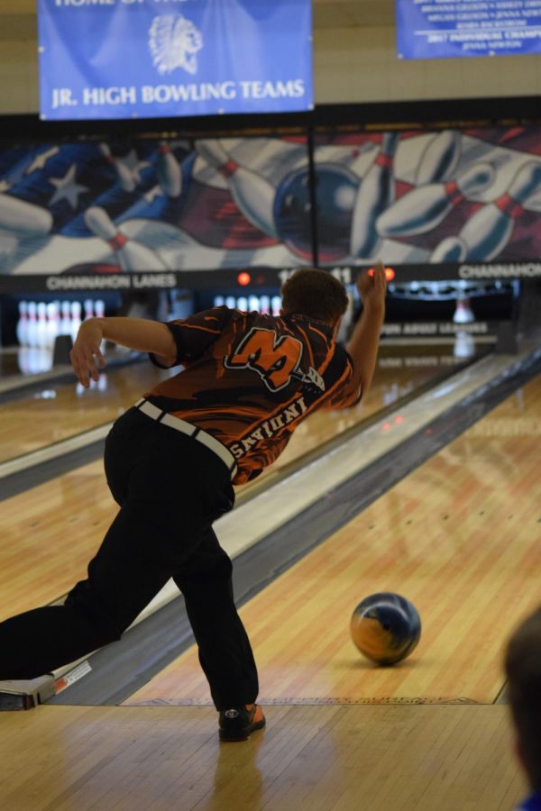 Tyler Koenig, senior, bowls during a home meet on Dec. 12 against Joliet West. The boys bowling team competes at state on Jan. 26.
