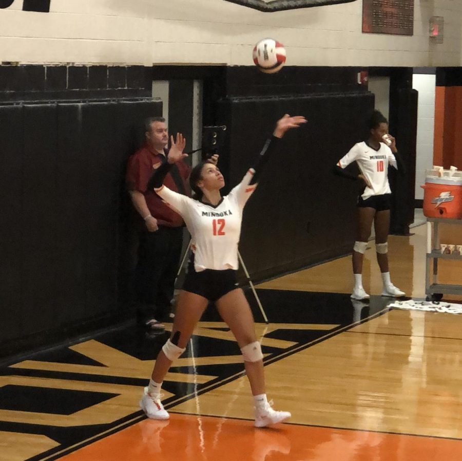 Desi Anderson serves the ball in a game earlier in the season. 