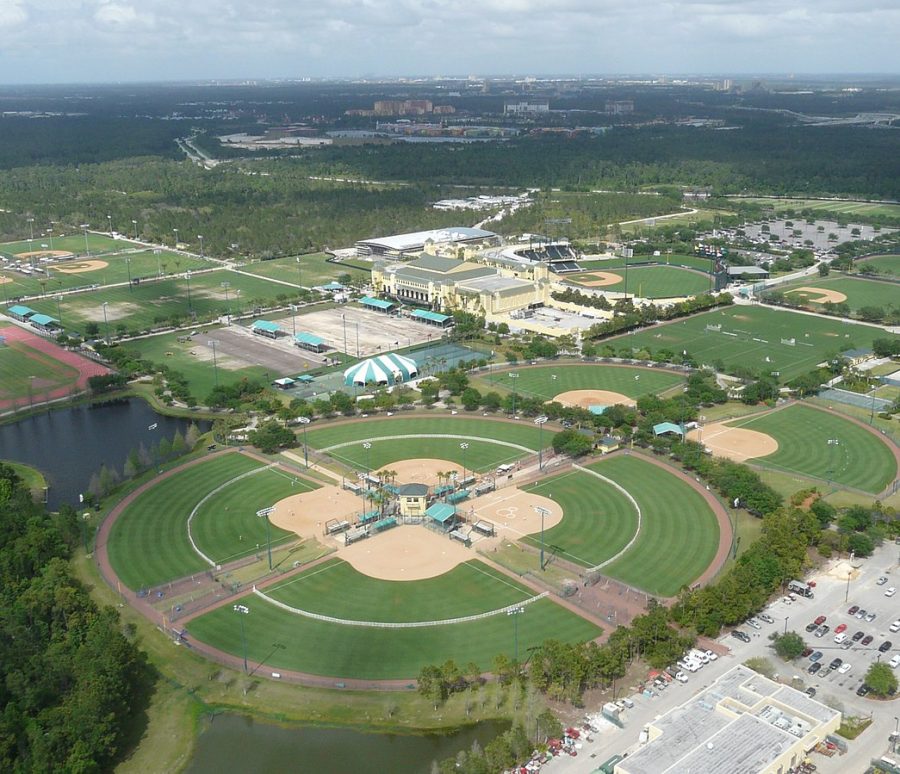 This aerial view of the ESPN Wide World of Sports Complex at Walt Disney World shows the site of the NBA Bubble basketball games.