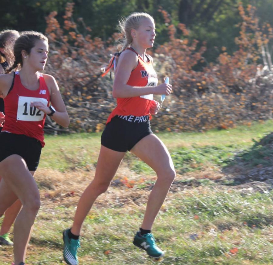 Freshman Cassie Fuhrman was 8th at the SPC Meet on Oct. 16. She ran the seventh-fastest time ever on the course for a Minooka freshman girl. 