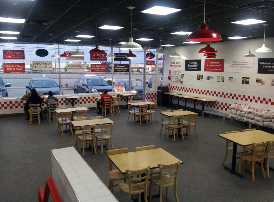 A Five Guys restaurant outside Middletown, N.Y., shows social distancing during the COVID-19 pandemic. 