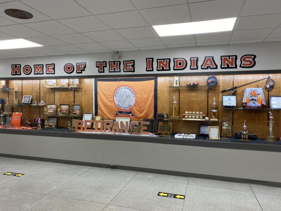 Athletic trophies are on display near the entrance to the gym at Central Campus.