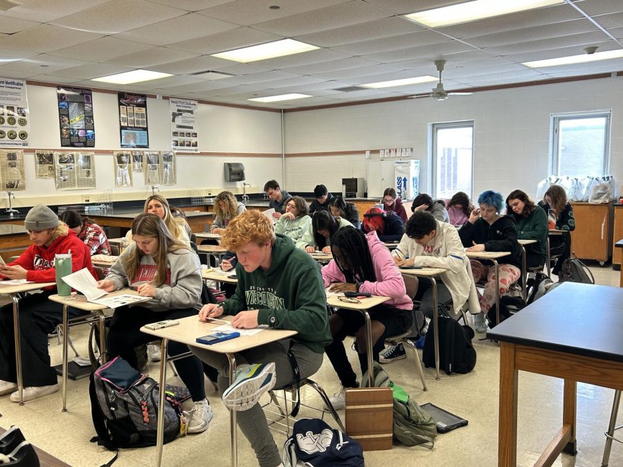 Students in a 2B Forensic Science class take a test during a 90-minute class period. 