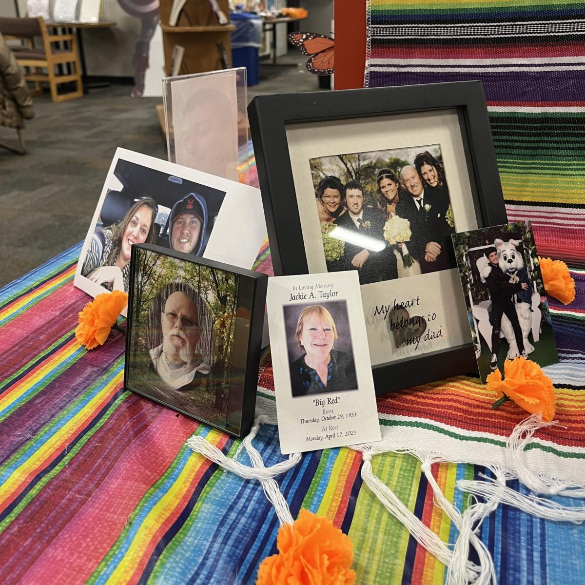 The library at Central Campus has a display for Day of the Dead. 
